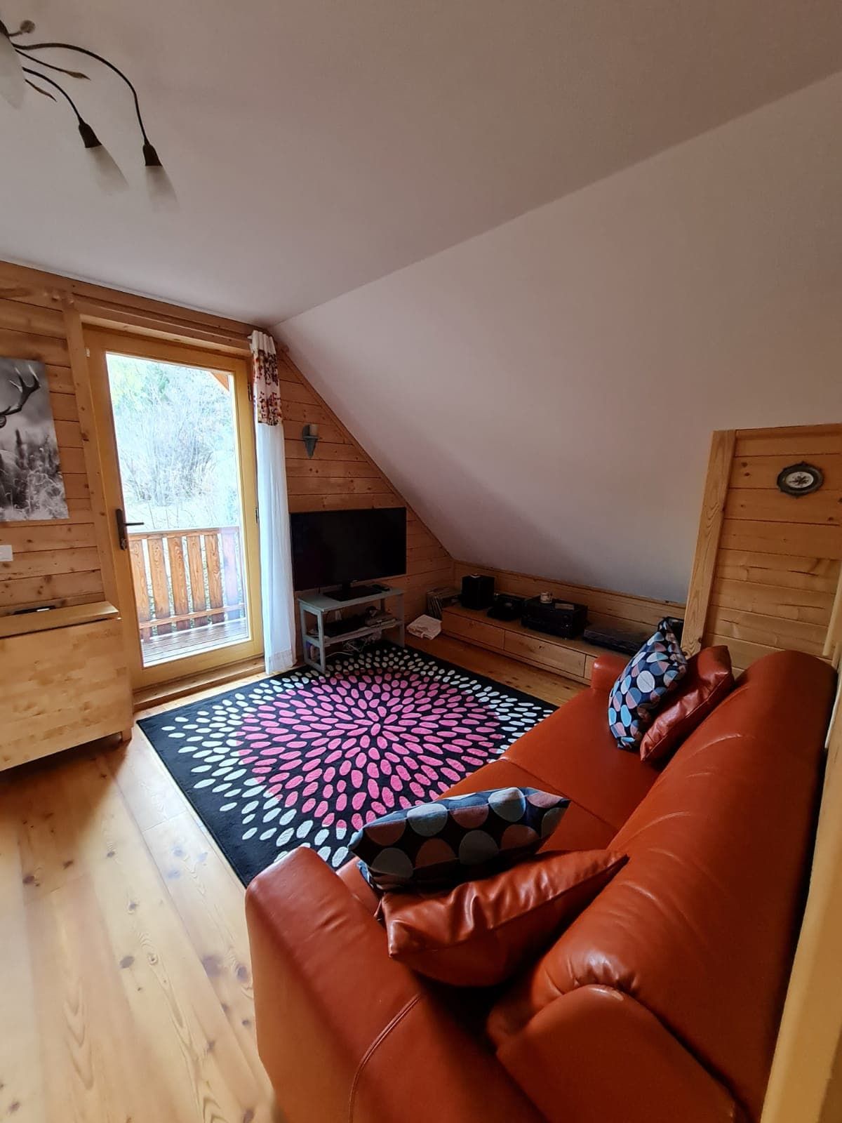 Gemütliches Wohnzimmer mit rotem Ledersofa, buntem Teppich und Holzwänden in einem Ferienhaus.