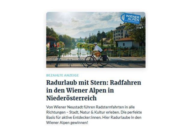 Screenshot der Wiener Alpen Online Kampagne mit Oberösterreichische Nachrichten zum Thema Radfahren