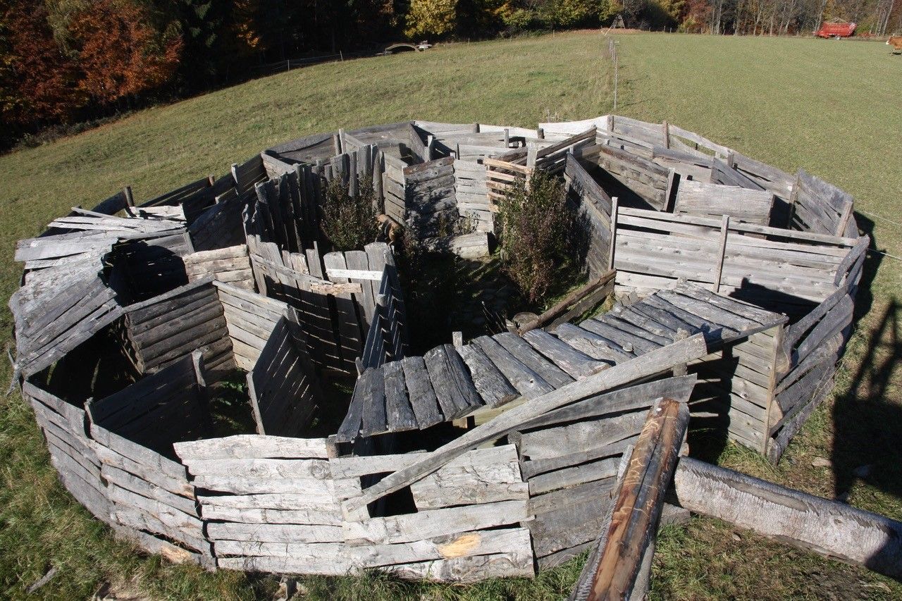 Ein aus Holzplanken gebautes Labyrinth auf einer Wiese, umgeben von Bäumen im Herbst.