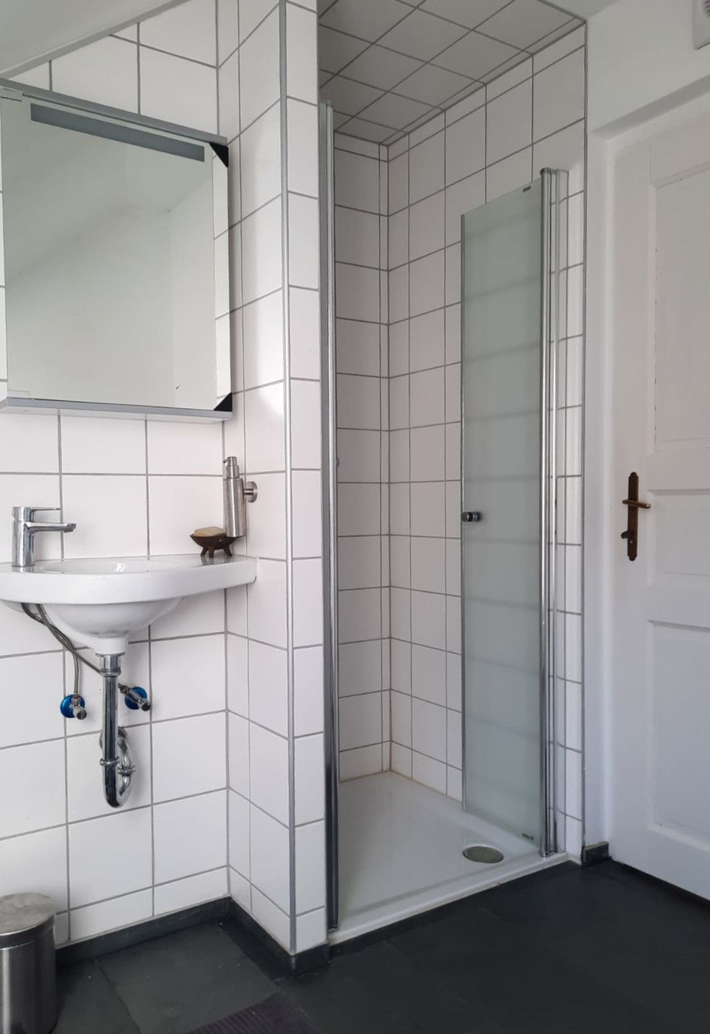 Kleines Badezimmer mit Dusche, Waschbecken und Spiegel.