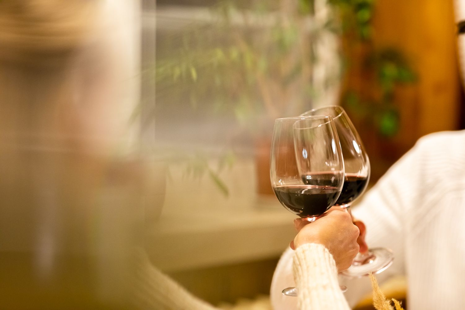 Zwei Personen stoßen mit Weingläsern mit rotem Wein an.