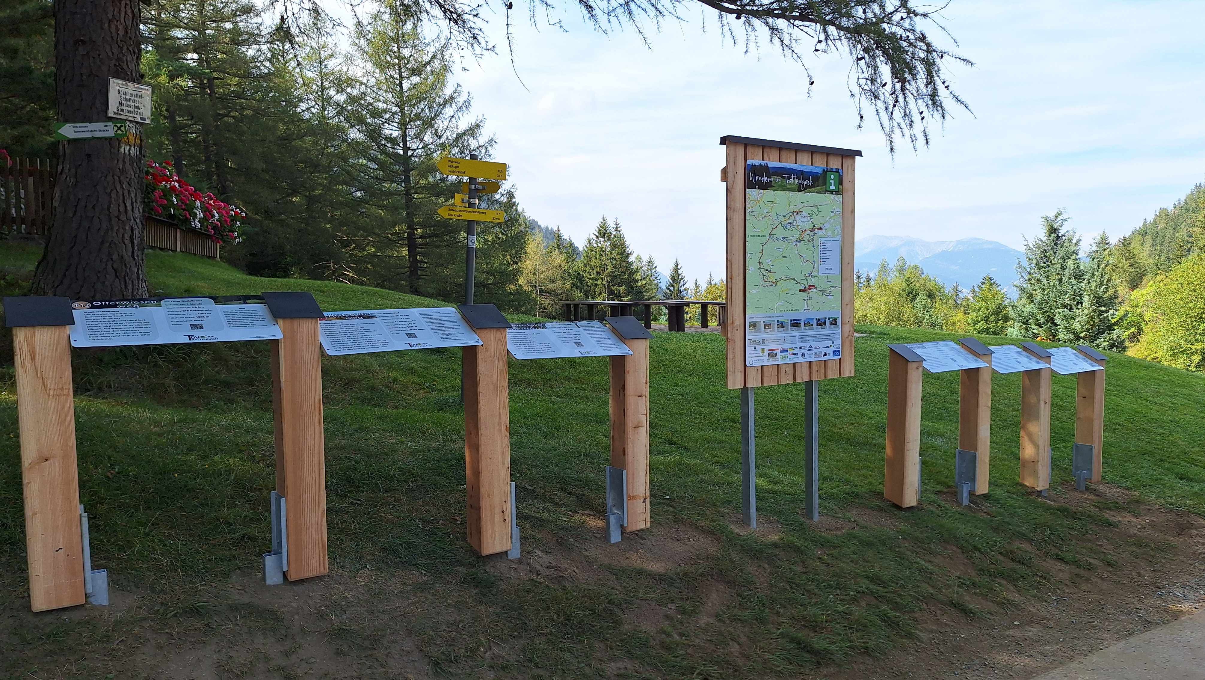 Wanderwegweiser und Informationstafeln in einer grünen, bergigen Landschaft.