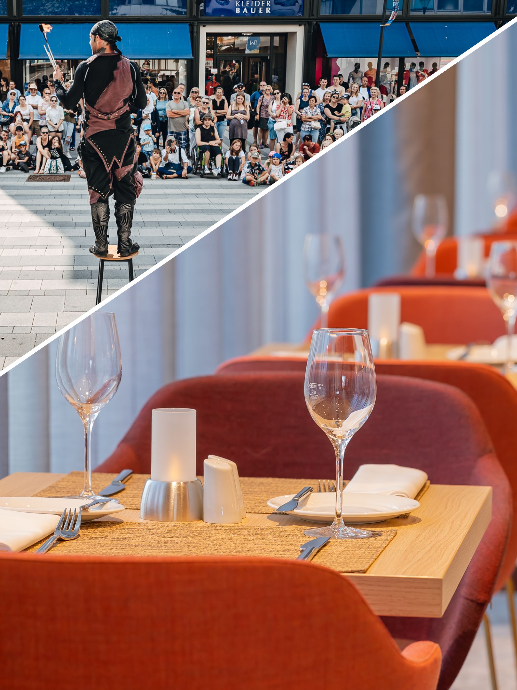 Fotos von Akrobaten und Feuerartist, auf der unteren Seite des Fotos die roten Stühle des Restaurants im Hilton Garden Inn