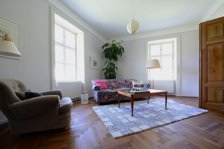 Wohnzimmer mit buntem Sofa, Sessel, Teppich und Pflanzen.