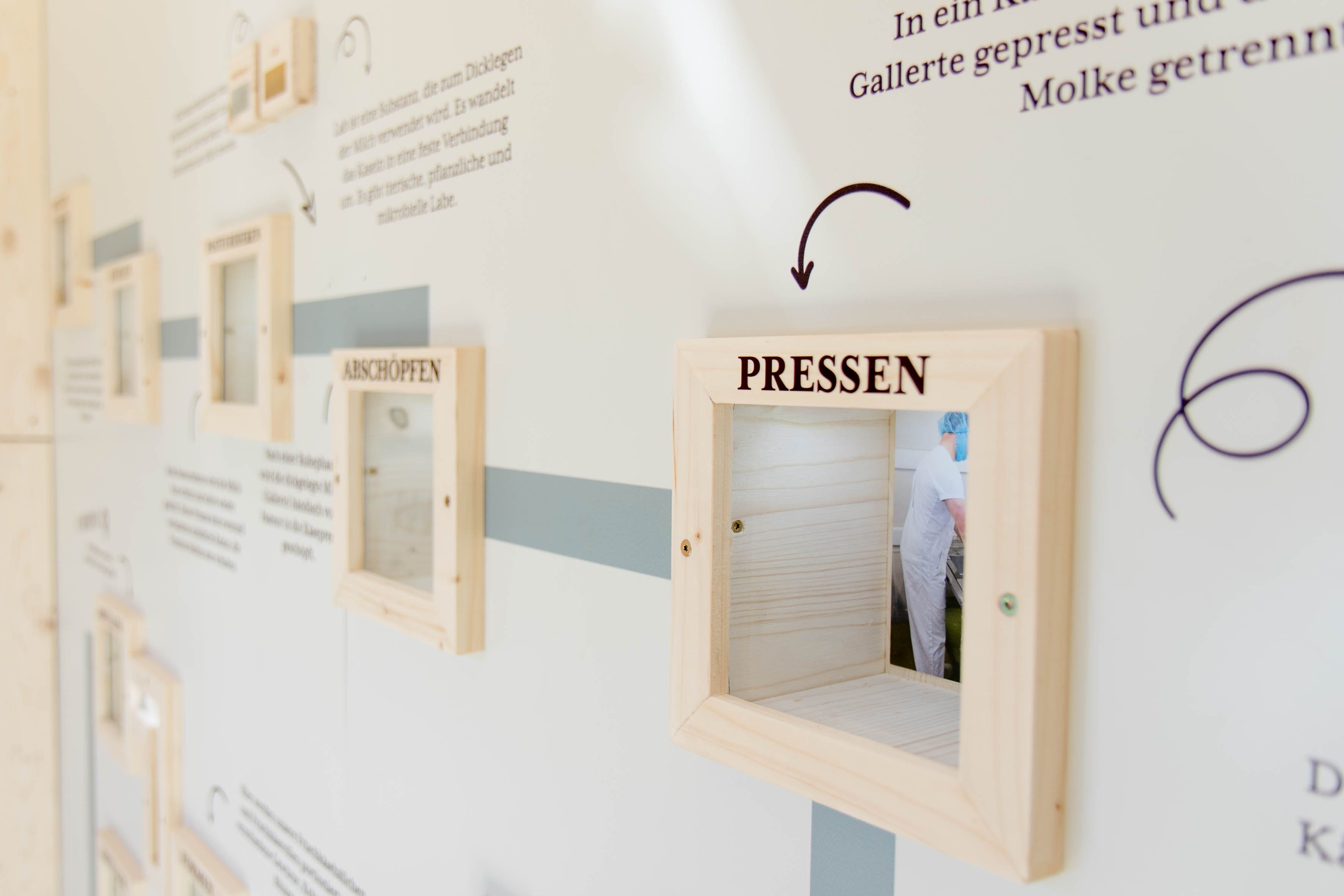 Eine weiße Wand mit Beschriftungen und Holzrahmen, durch welche man in den Produktionsbereich einer Käserei schauen kann.