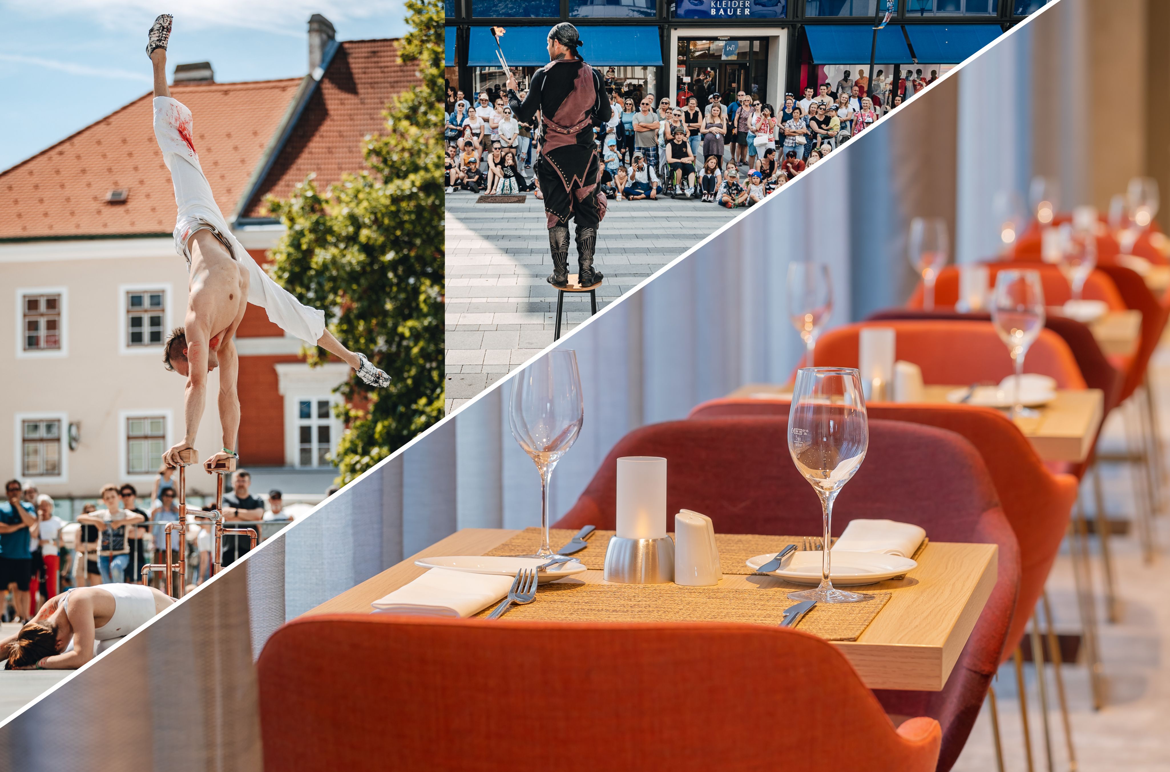 Fotos von Akrobaten und Feuerartist, auf der unteren Seite des Fotos die roten Stühle des Restaurants im Hilton Garden Inn