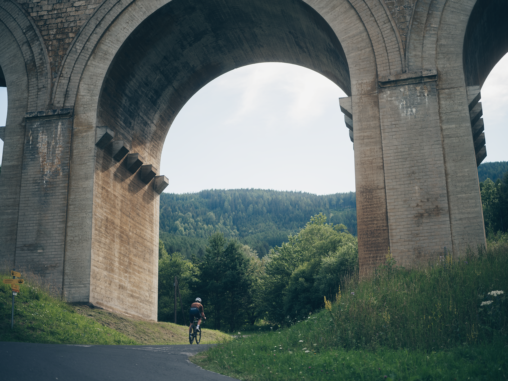 Unter majestätischen Bögen eines alten Viadukts radelt ein Abenteurer durch die grüne Landschaft. Die sanften Hügel und dichten Wälder laden dazu ein, die Schönheit der Natur zu erkunden und die frische Bergluft zu genießen. Ein perfekter Ort für unvergessliche Erlebnisse in den Wiener Alpen.