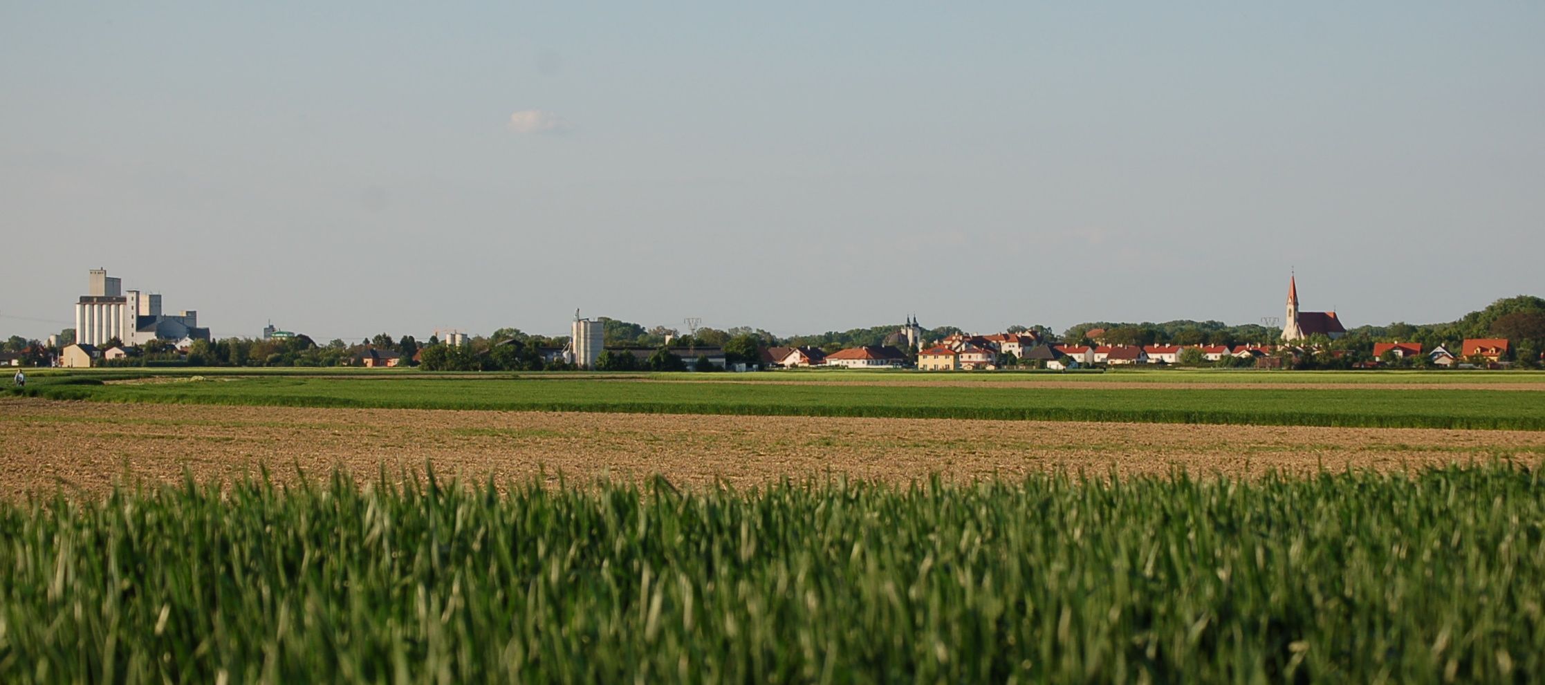 Panorama von Lichtenwörth mit Feldern im Vordergrund und Gebäuden im Hintergrund.