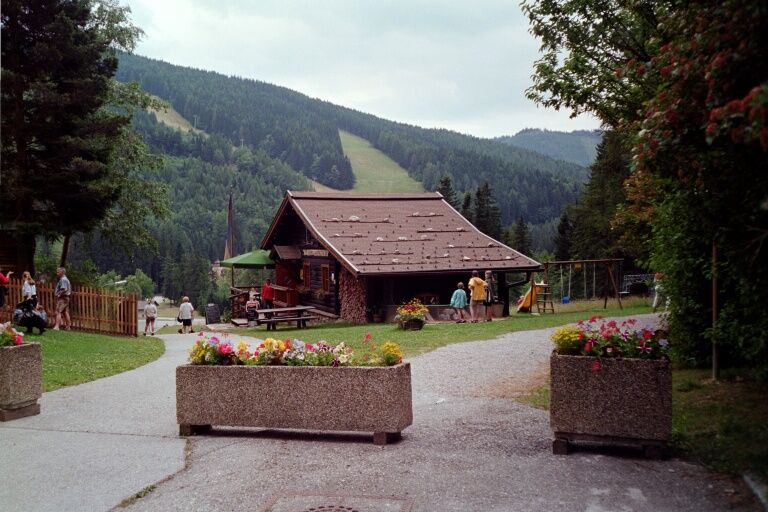 A mountain hut in a green, wooded landscape with flowers in the foreground.