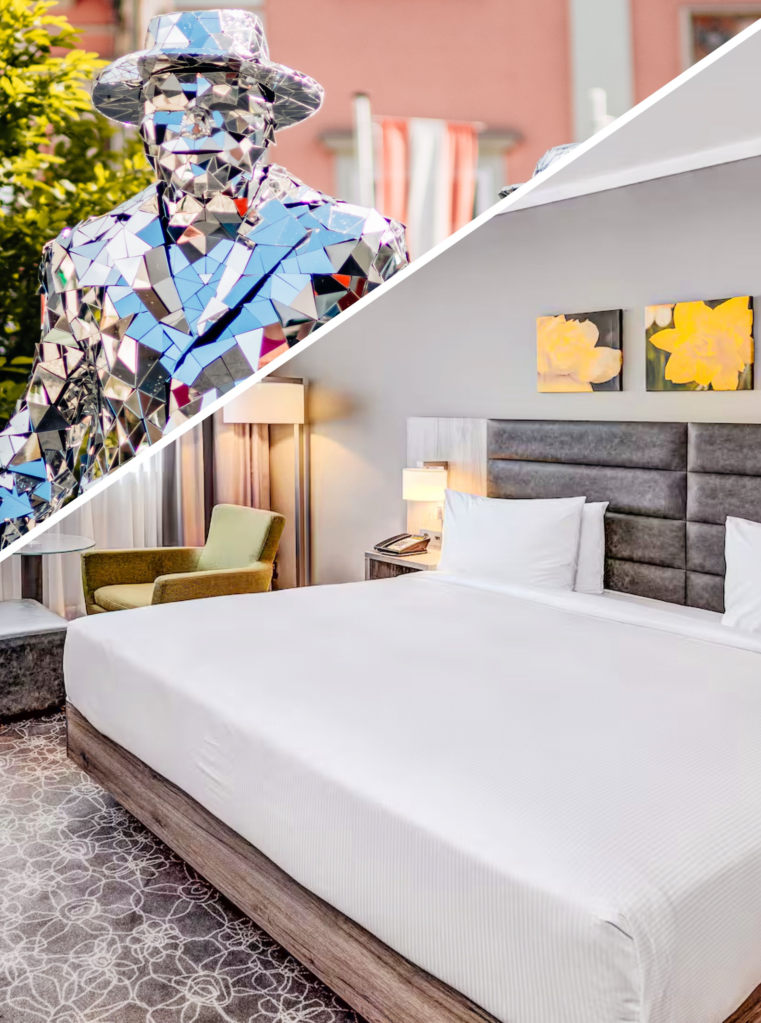 Akrobat auf Stange und in Glitzer gehüllte Männer am Straßenkunstfestival. Schlafzimmer des Hilton Garden Inns mit grauem Teppichboden, Doppelbett und Sitzmöglichkeit.
