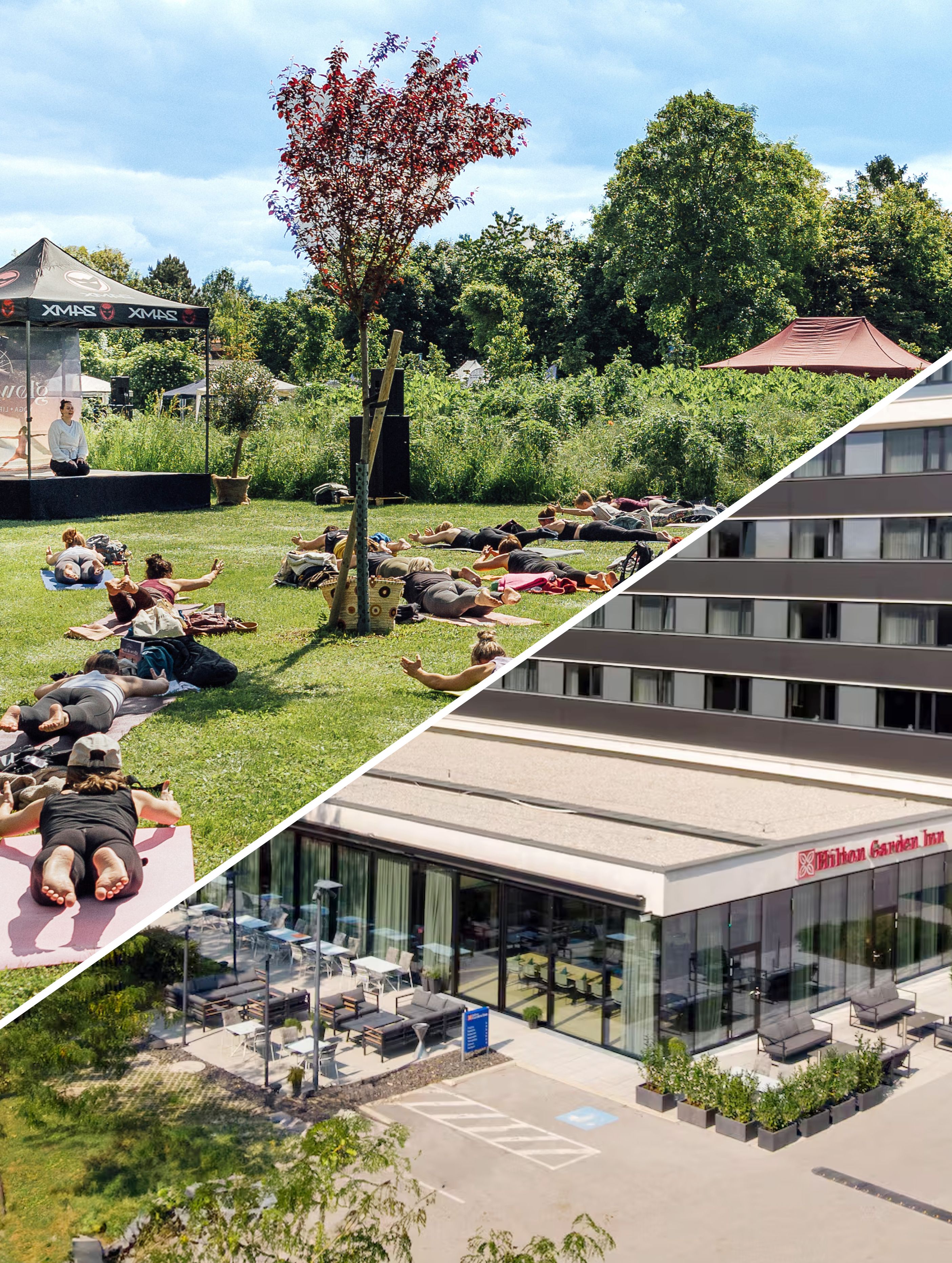 Picknickwiese mit Bühne und Personen, die davor Yogaübungen ausführen. Unten ein Foto der Außenansicht des Hilton Garden Inns mit Schanigarten und Parkplätzen.