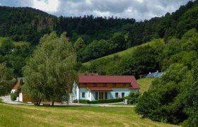 Ein Ferienhof mit roten Dächern in einer grünen, hügeligen Landschaft mit Bäumen und Wiesen.
