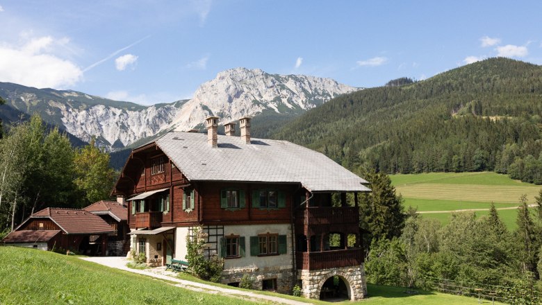 Ein traditionelles Holzhaus in einer bergigen Landschaft mit Wiesen und Wäldern im Hintergrund.