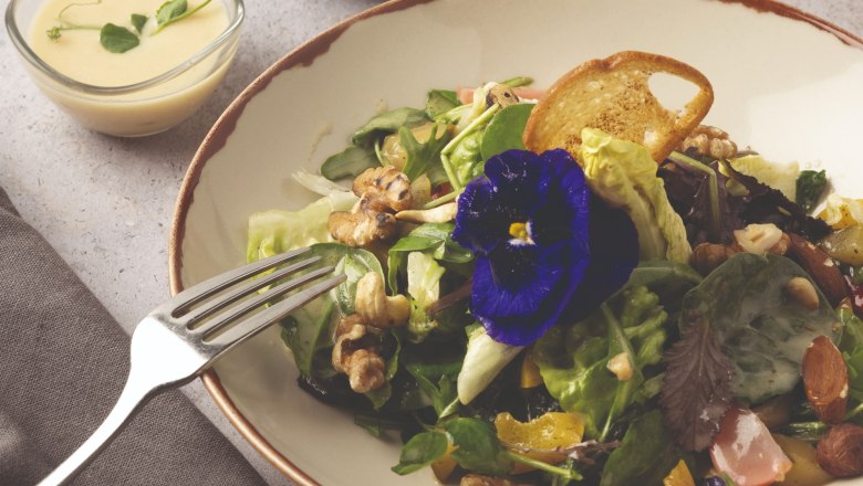 Teller mit Gabel und Salat Genussvoll angerichtet mit einem Sch&auml;lchen Dressing auf der Seite