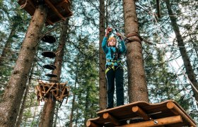 Person in climbing park on platform between trees.