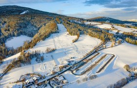 Luftaufnahme eines verschneiten Skigebiets mit Pisten und Wald in der Wexl Arena.
