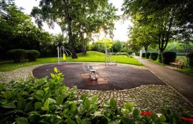 Ein Park mit Fitnessgeräten und Bäumen im Hintergrund.