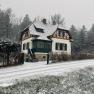 Ein verschneites Haus im traditionellen Stil mit grünen Fensterläden, umgeben von Bäumen und einer schneebedeckten Straße.