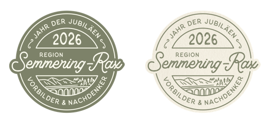 Runder Wiener Alpen Logo Button "Jahr der Jubiläen" mit Text und Illustration der Semmeringeisenbahn