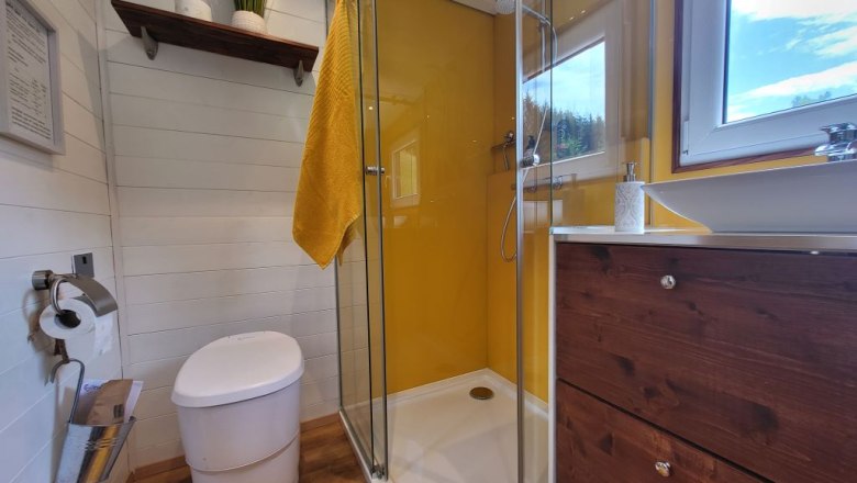 Modern bathroom with yellow shower screen, white WC, wooden shelf and window.