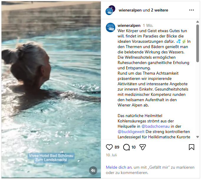 Wiener Alpen Instagram Video Posting zum Thema Gesundheit in den Wiener Alpen bestehend aus Videoausschnitt und Text. Am Video schwimmt eine Frau in Nahaufnahme in einem Pool.