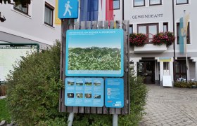 Hiking map in front of the Kirchberg am Wechsel municipal office with signs and flags.