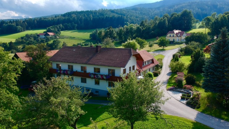 Ländliche Landschaft mit einem großen Haus, umgeben von Bäumen und Wiesen, unter einem bewölkten Himmel.