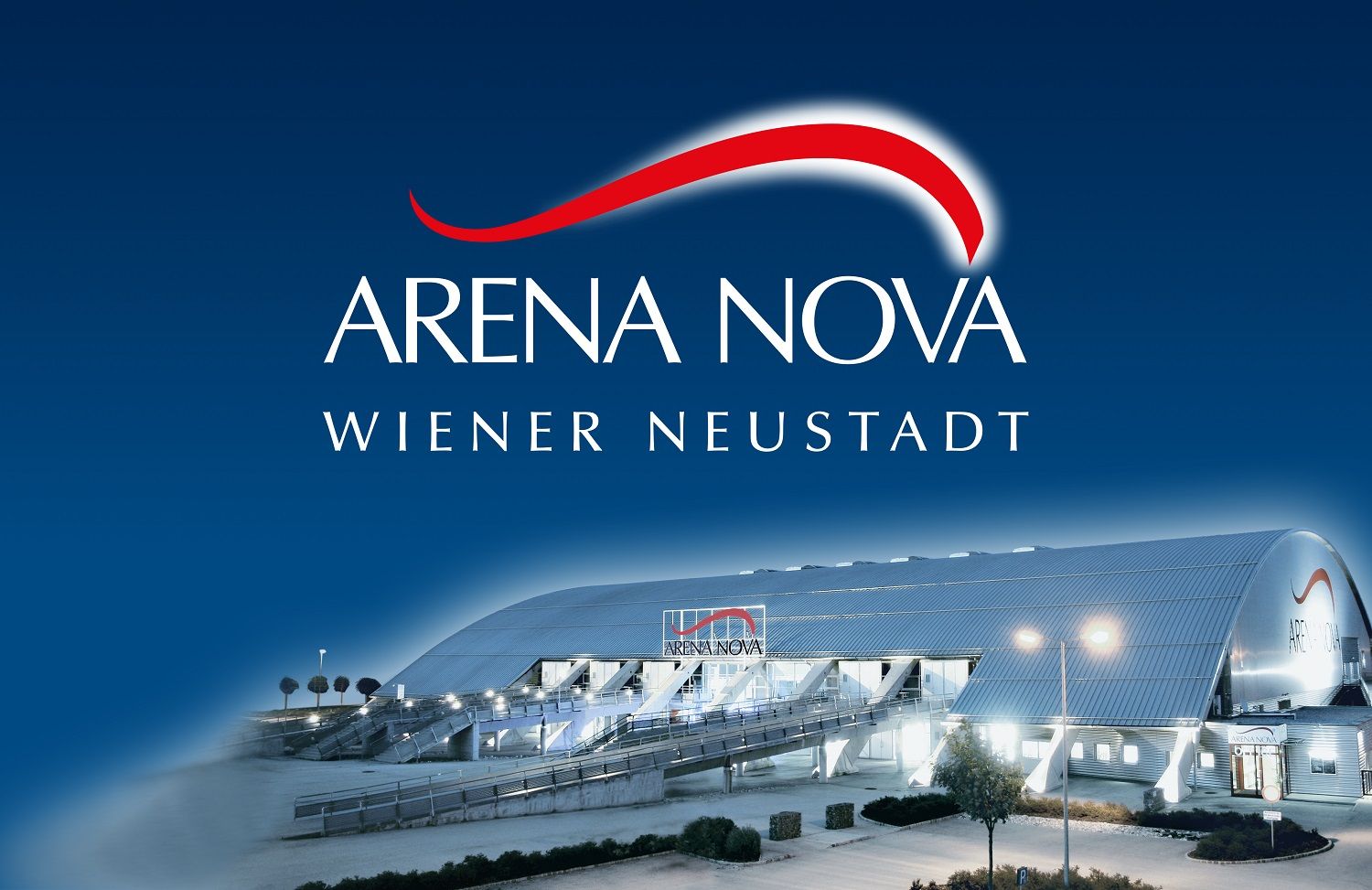 Außenansicht der Arena Nova in Wiener Neustadt bei Nacht.