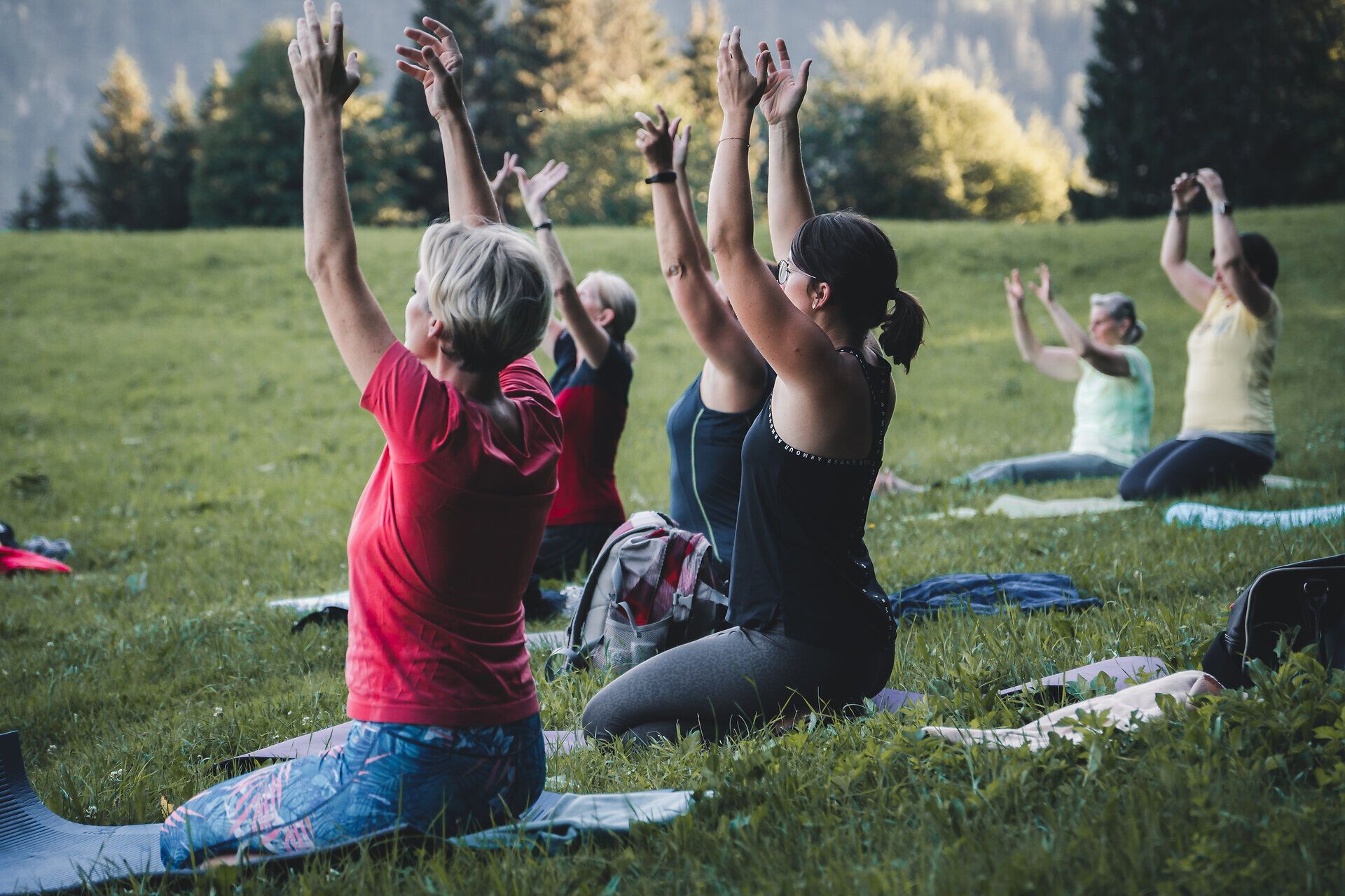 Inmitten der atemberaubenden Natur des Mostviertels praktizieren die Teilnehmer Yoga, während die sanften Hügel und die frische Bergluft eine harmonische Atmosphäre schaffen. Die strahlenden Gesichter und die erhobenen Arme zeugen von der Freude und dem inneren Frieden, den diese besondere Erfahrung mit sich bringt.