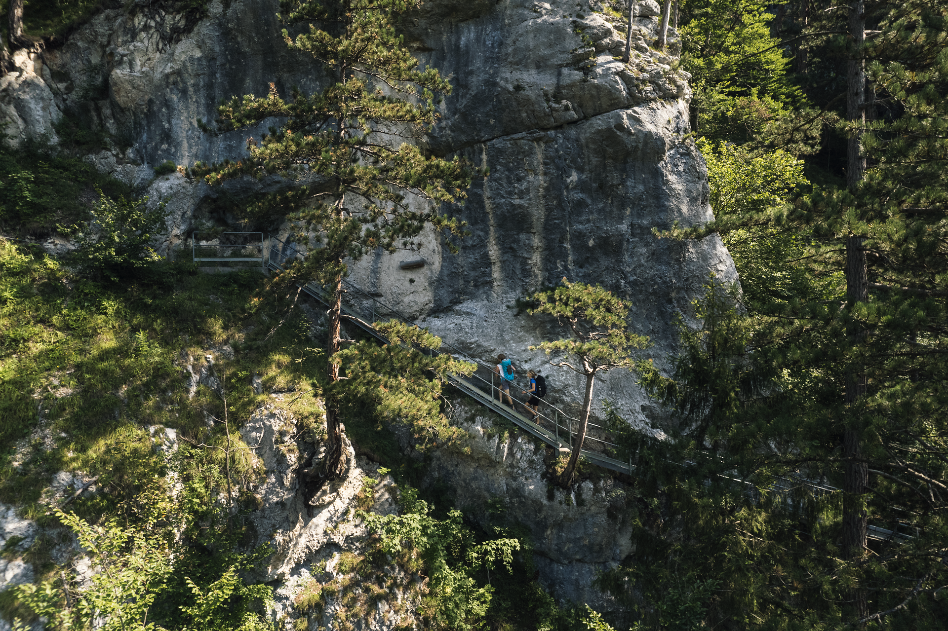 Ein malerischer Wanderweg schlängelt sich durch die beeindruckende Felslandschaft, umgeben von hohen Bäumen und üppigem Grün. Die frische Bergluft und das sanfte Rauschen des Wassers schaffen eine einladende Atmosphäre für Naturliebhaber und Abenteurer.
