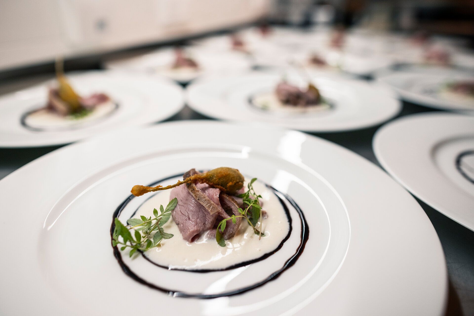 Fein angerichtete Gerichte auf weißen Tellern in Nahaufnahme.