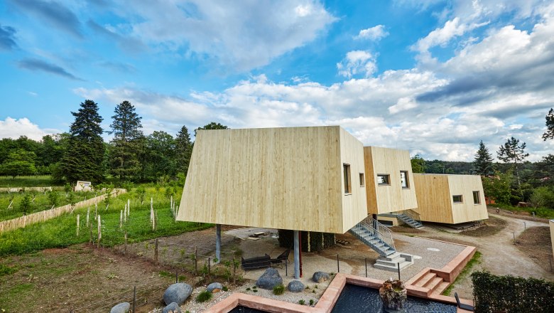 Modern wooden garden lofts with steps, surrounded by nature and a pond in the foreground.