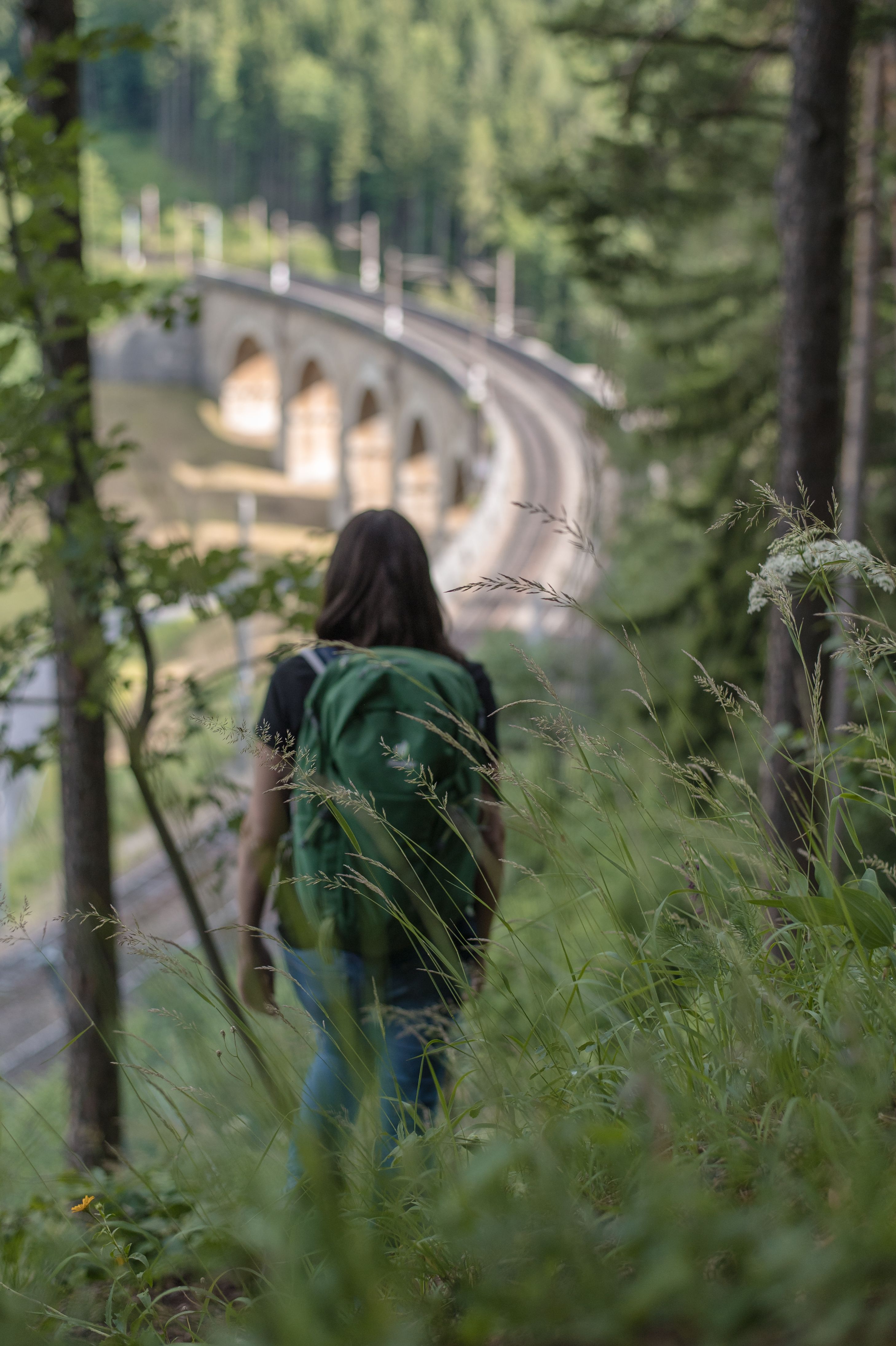 Ein Wanderer genießt die frische Bergluft und die atemberaubende Aussicht auf die sanften Hügel und die geschwungene Bahnlinie, die sich elegant durch die Landschaft schlängelt. Umgeben von üppigem Grün und dem sanften Rauschen der Natur, lädt dieser Ort dazu ein, die Seele baumeln zu lassen und die Schönheit der Wiener Alpen in Niederösterreich zu erleben.