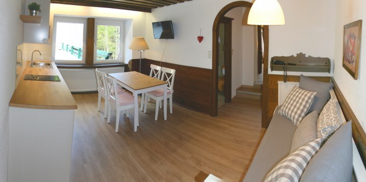 Gemütliches Wohnzimmer mit Holzboden, Esstisch, Sofa und Küchenzeile.