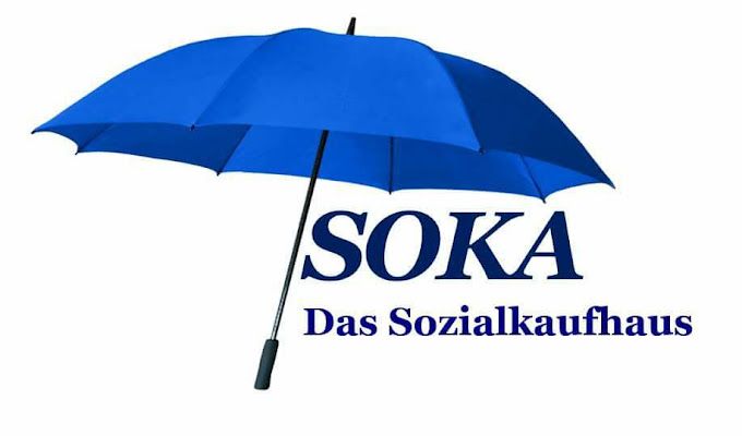 Logo von SOKA Das Sozialkaufhaus mit blauem Regenschirm.