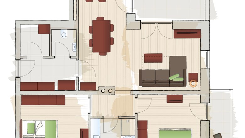 Grundriss einer Wohnung mit zwei Schlafzimmern, Küche, Wohnzimmer, Essbereich und zwei Balkonen.