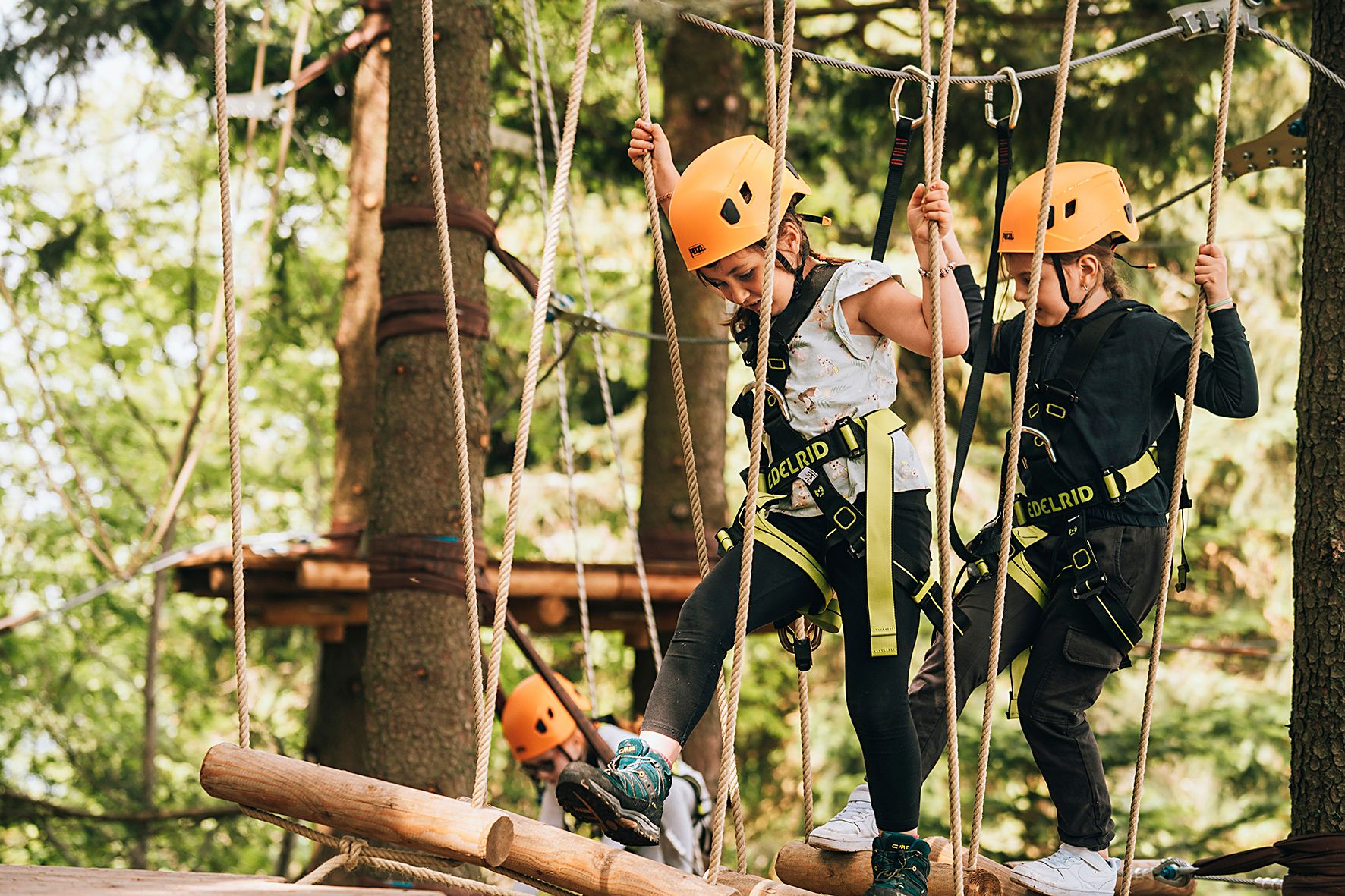 Inmitten der grünen Baumkronen erleben Kinder ein aufregendes Abenteuer im Waldseilgarten. Mit strahlenden Helmen und voller Entdeckerfreude meistern sie die schwebenden Hindernisse und genießen die frische Luft der Natur. Hier wird Teamgeist großgeschrieben, während sie gemeinsam die Herausforderungen meistern.