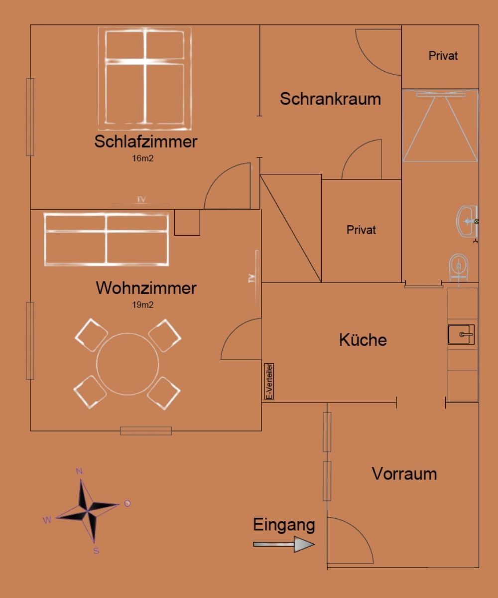 Room plan with entrance hall, kitchen, living room, bedroom, closet and bathroom