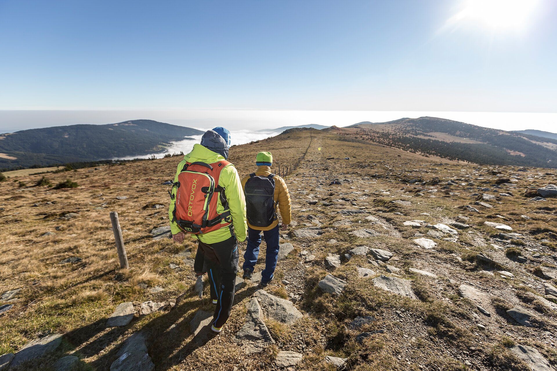 Die Wanderer genießen die frische Bergluft und die atemberaubende Aussicht auf die sanften Hügel und das weite Tal. Umgeben von einer malerischen Landschaft, die von sanften Gräsern und vereinzelten Felsen geprägt ist, lädt die Natur zu einer unvergesslichen Erkundungstour ein.