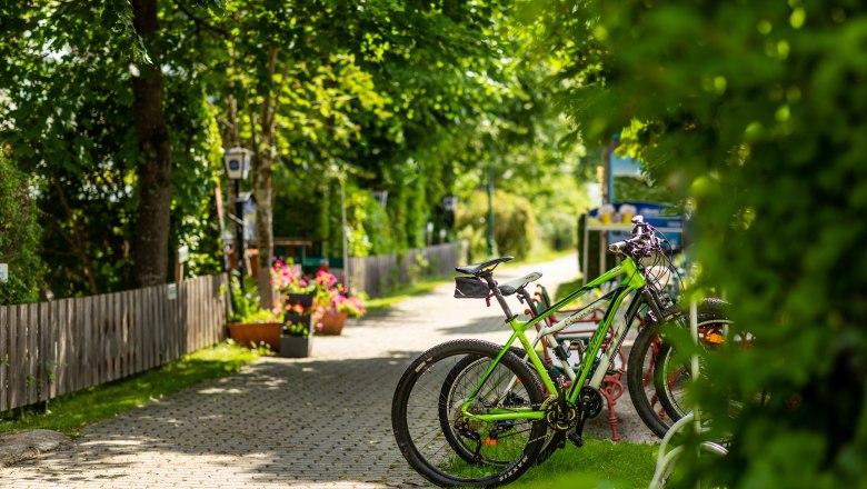 Bicycles parked in a bicycle parking lot at an inn, surrounded by green trees and flowers.