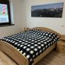 Bedroom with double bed, checkered comforter cover and mountain picture on the wall.