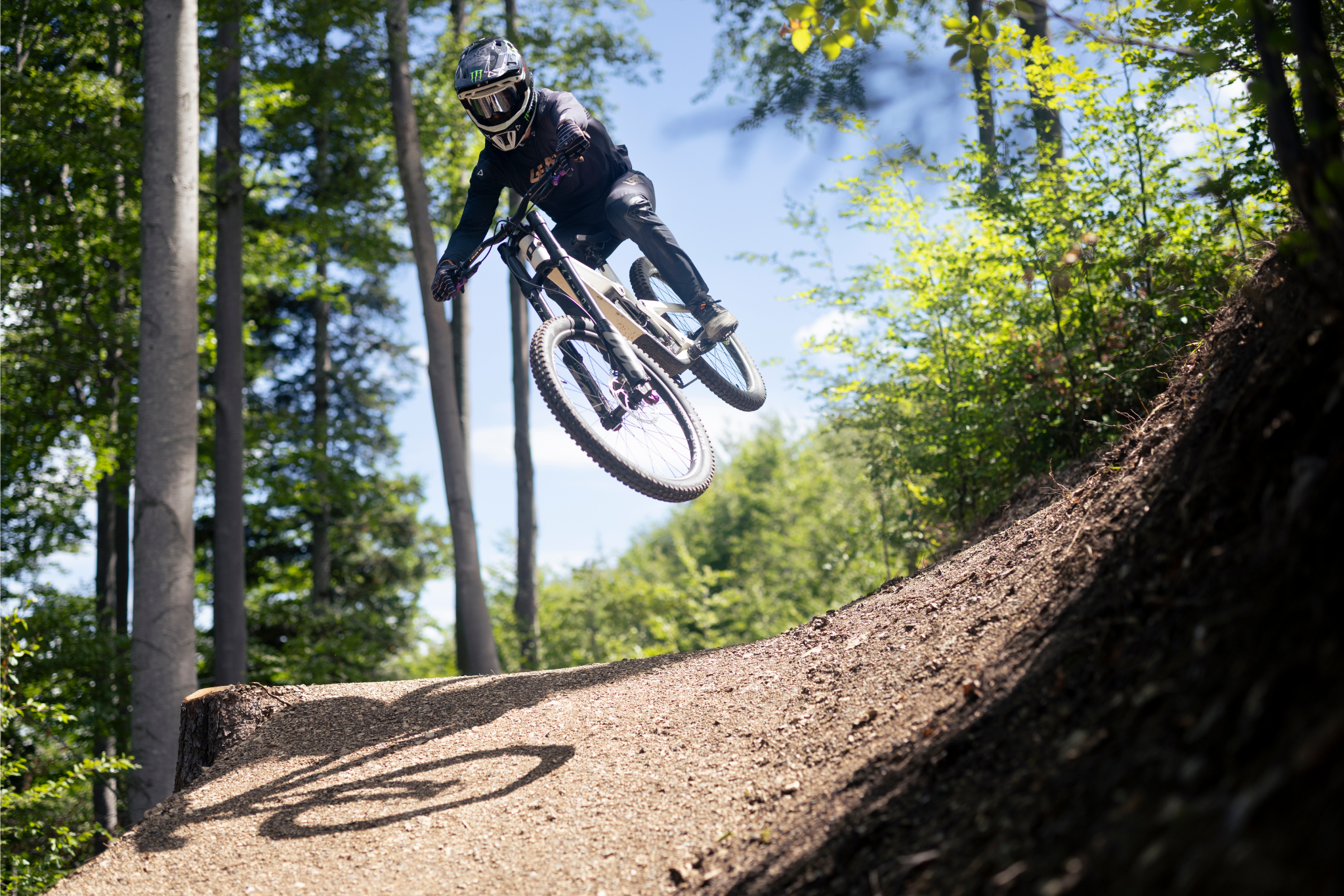 Ein Mountainbiker springt mit seinem Fahrrad über einen Hügel im Wald.