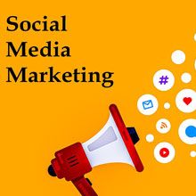 Grafik Social Media Marketing mit Lautsprecher und unterschiedlichen bunten Social Media Symbolen 