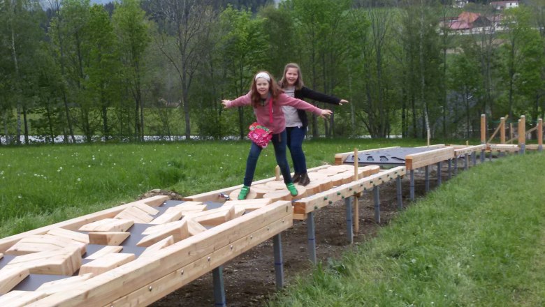 Two girls balance on a wooden course outdoors.