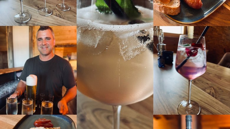 Collage of drinks and regional dishes in a restaurant.