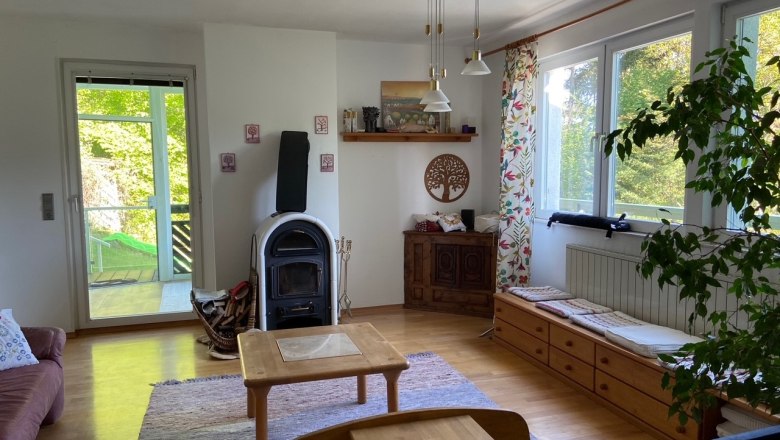 Ein gemütliches Wohnzimmer mit Holzofen, Holzmöbeln und großen Fenstern mit Blick ins Grüne.