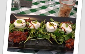 A plate of salad, mozzarella and tomatoes on a table with a green and white checkered tablecloth.