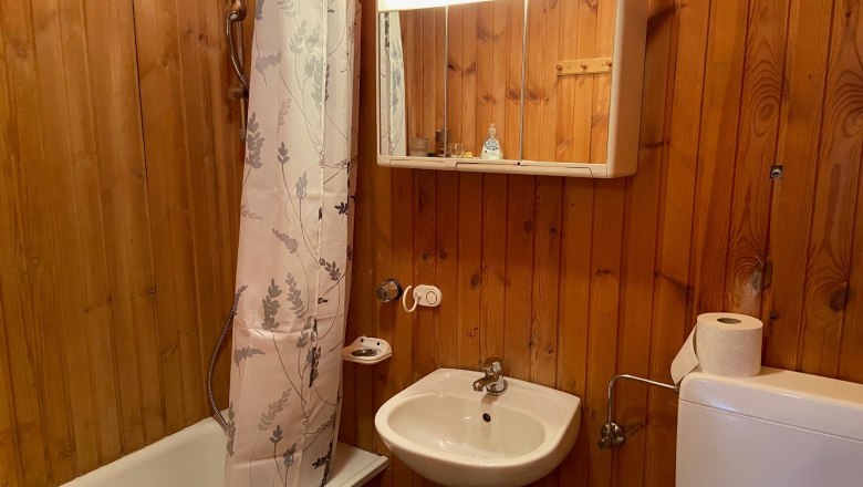 Holzvertäfeltes Badezimmer mit Badewanne, Duschvorhang, Waschbecken und Spiegelschrank.