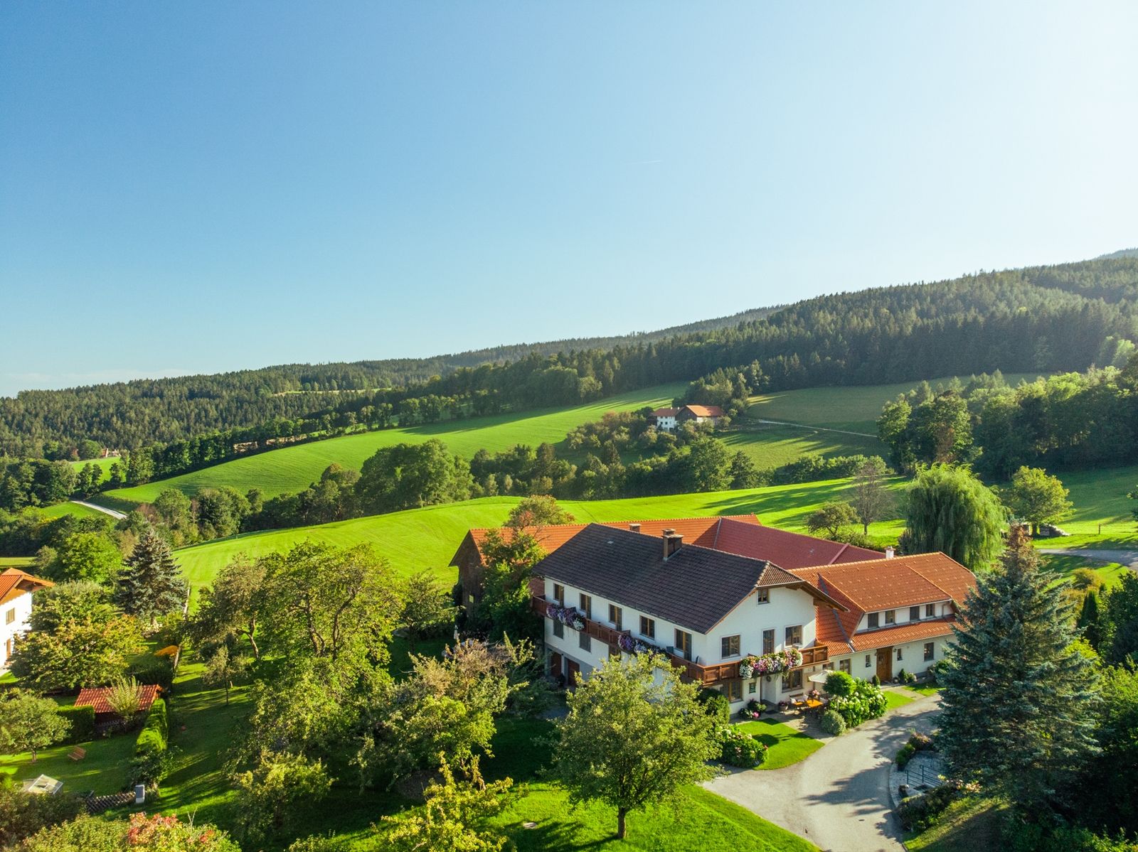 Ländliche Landschaft mit einem großen Haus, umgeben von grünen Feldern und Bäumen unter blauem Himmel.
