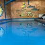 Indoor pool with blue water surface and wall decoration made of fish.